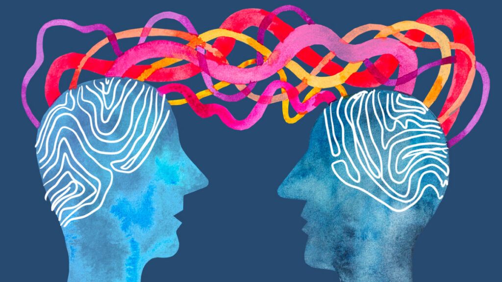 Image of two brains interconnected so that one absorbs the other’s stress and loses their own ability to think clearly and calmly.